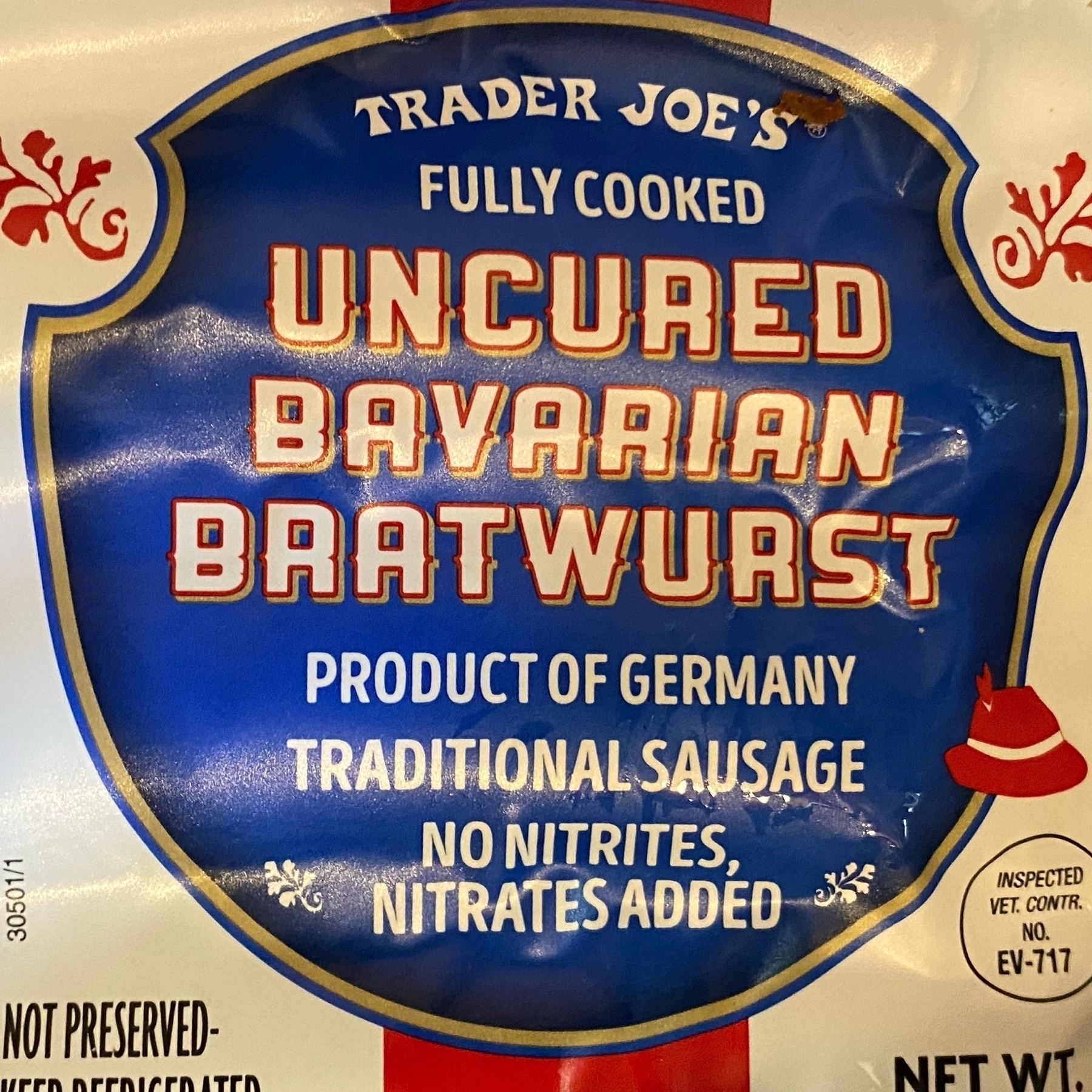 trader Joe's bavarian style bratwurst label
