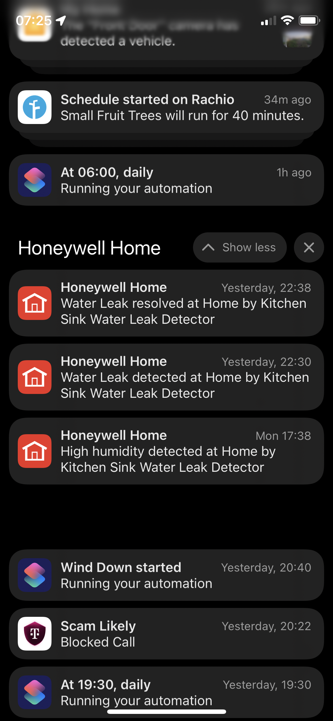 screen shot of Honeywell app alerts