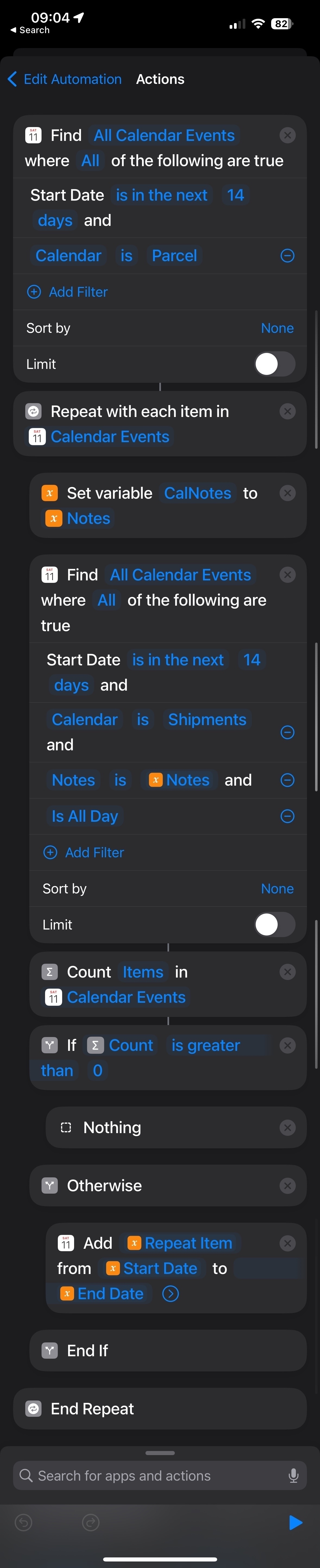 A screen capture of a  shortcut that copies Parcel events to an iOS Shared Calendar.