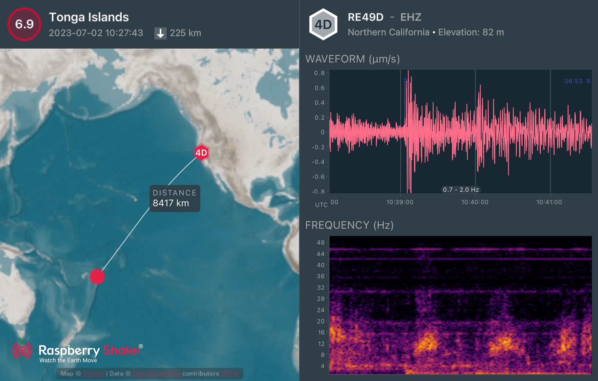 A map and seismogram showing the Tonga earthquake. The RaspberryShake station is RE49D.