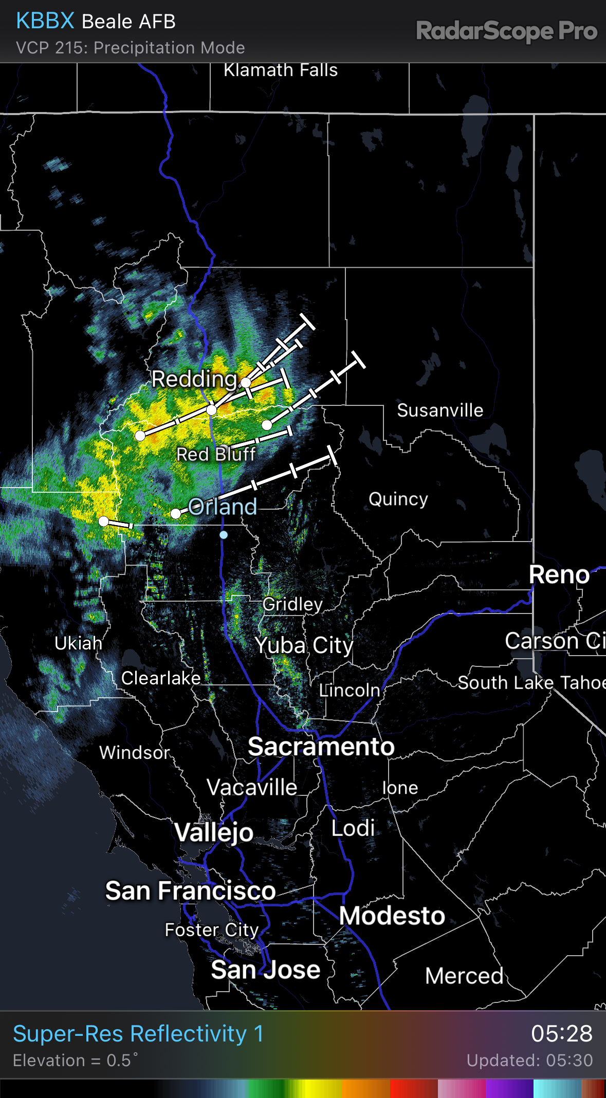 A Doppler radar representation of the North Sacramento Valley. Shows incoming rain just above Orland. From the RadarScope app.