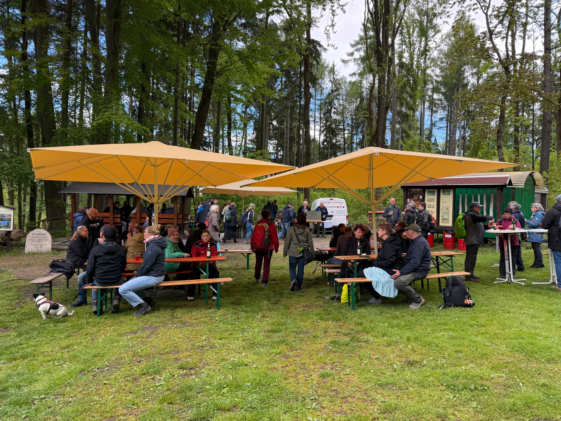 A few canopies with people on benches, smoking and eating and visiting with a few vendors in the background and finally trees above 
